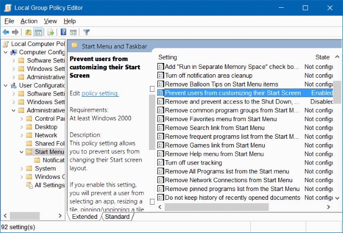 option broche pour démarrer manquante dans Windows 10 step1