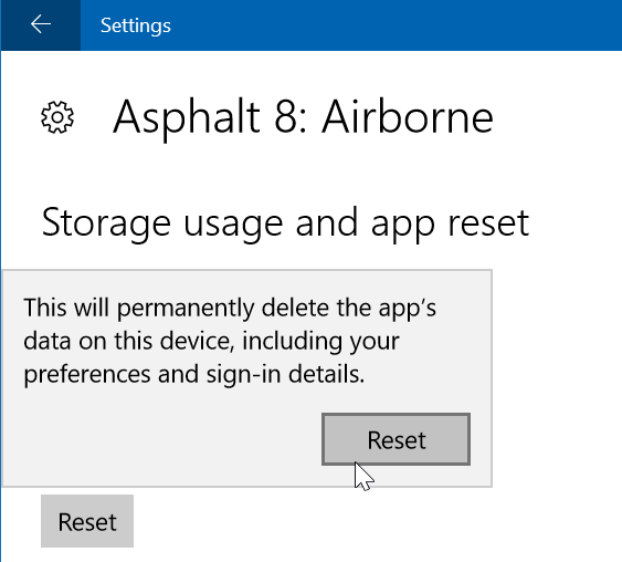 réinitialiser asphalt 8 airborne dans Windows 10 step6