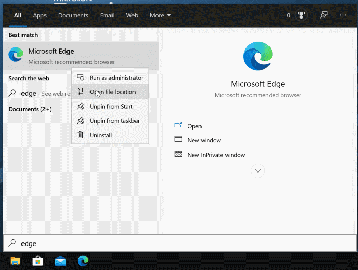 créer un raccourci de navigateur de bord sur le bureau de Windows 10 pic1