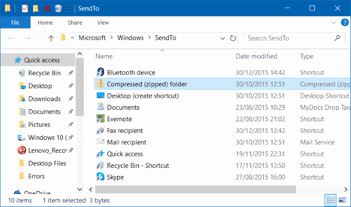 Dossier compressé compressé manquant dans le menu Envoyer vers dans Windows 10 étape 5