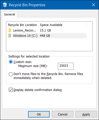 Désactiver la corbeille dans Windows 10 step2