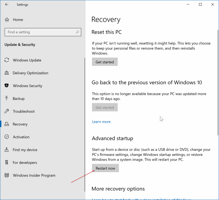 ouvrir les options de démarrage avancées dans Windows 10 pic1