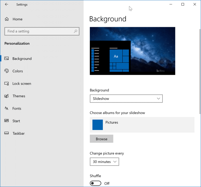 Activer le diaporama d'arrière-plan du bureau dans Windows 10 pic1