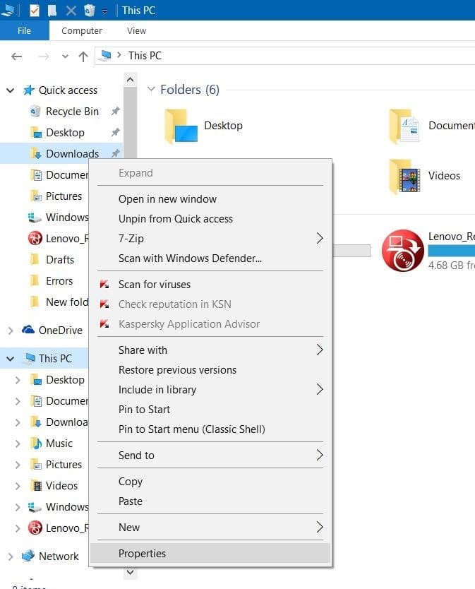 Le dossier Téléchargements s'ouvre lentement à l'étape 1 de Windows 10