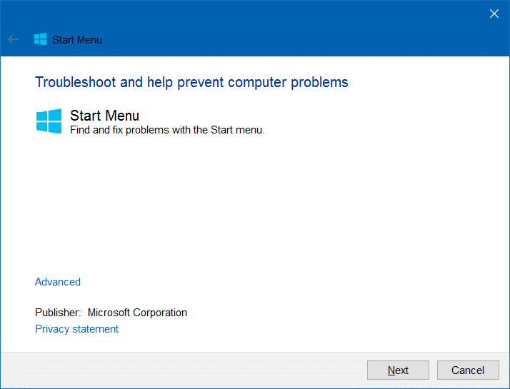 Outil de reparation du menu Demarrer pour Windows 10