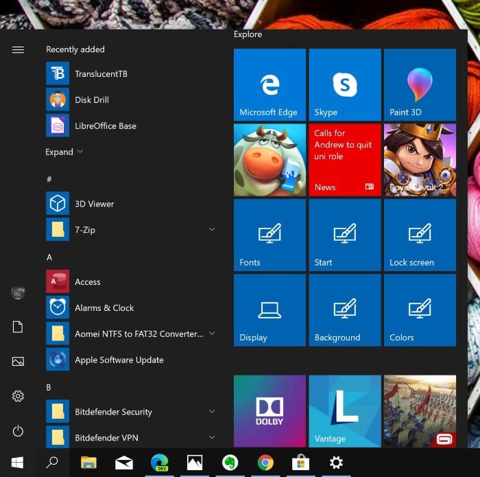 Parametres du menu Demarrer dans Windows 10