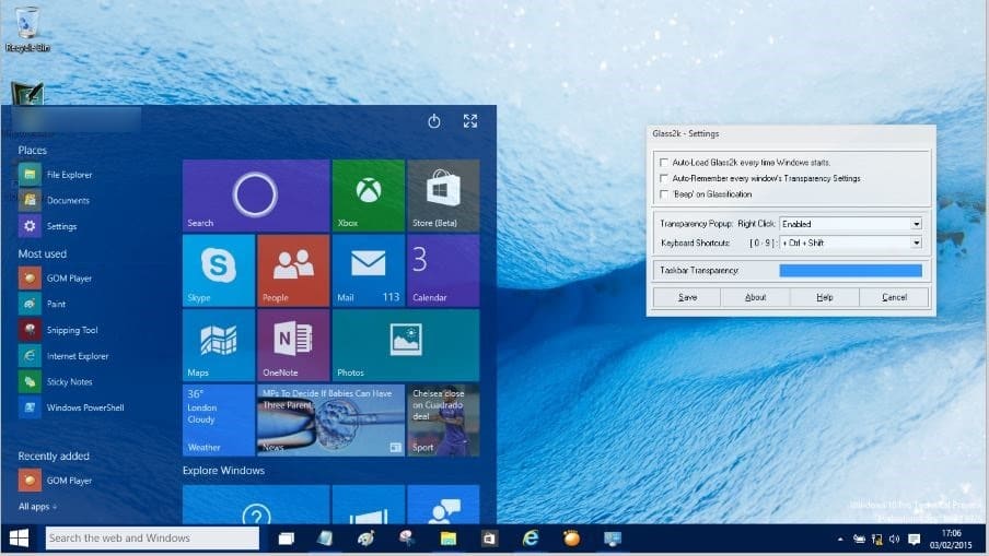 Rendre le menu Demarrer de Windows 10 transparent