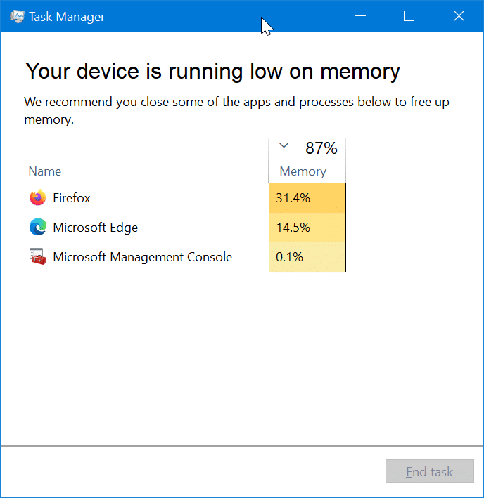 Votre appareil manque de message memoire dans Windows 10
