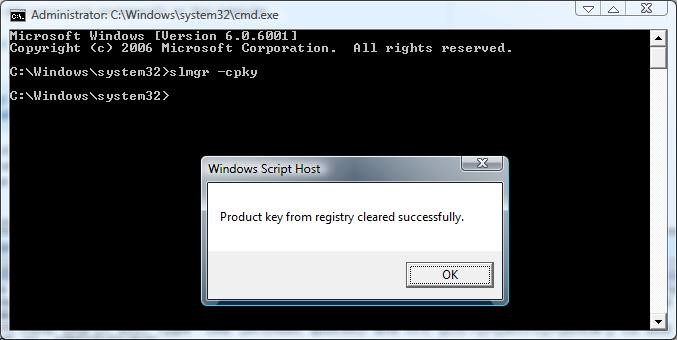 effacez la cle de produit windows du registre
