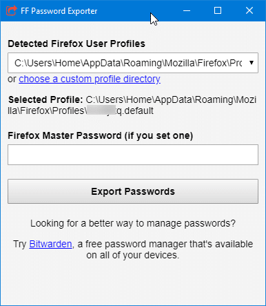 export firefox passwords to CSV or JSON file in Windows 10