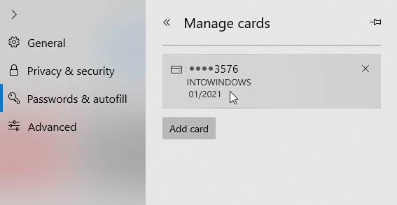 view and delete credit cards saved in Edge in Windows 10 pic3
