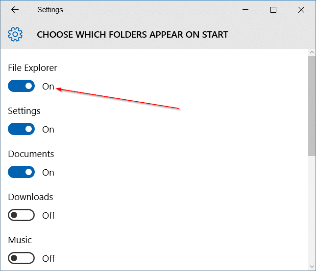 Explorateur de fichiers manquant dans le menu Démarrer de Windows 10 étape 3