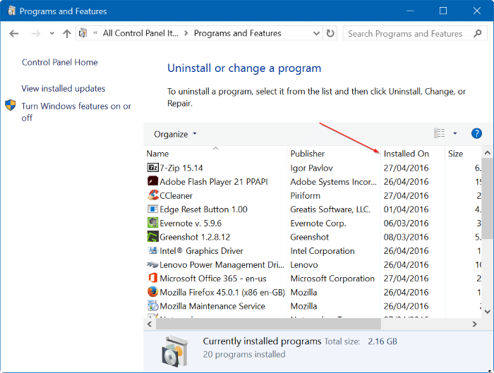 Vérifiez la date d'installation des applications et des programmes dans Windows 10 étape 6