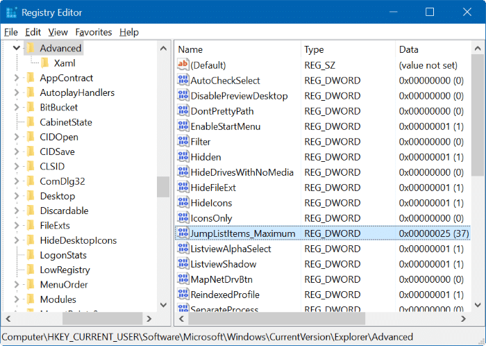 Augmentez le nombre d'éléments dans les listes de raccourcis à l'étape 5 de Windows 10