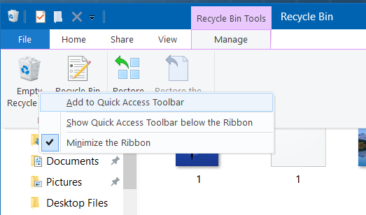 Ajouter la corbeille à la barre d'outils d'accès rapide et à l'accès rapide dans Windows 10, étape 7