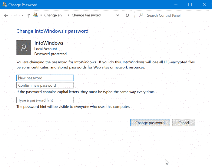 modifier ou supprimer le mot de passe du compte local dans Windows 10 pic5