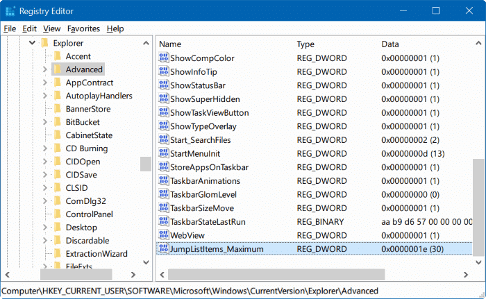 modifier le nombre d'éléments dans les listes de défilement de la barre des tâches de Windows 10 étape 5