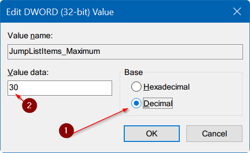modifier le nombre d'éléments dans les listes de défilement de la barre des tâches de Windows 10 étape 6