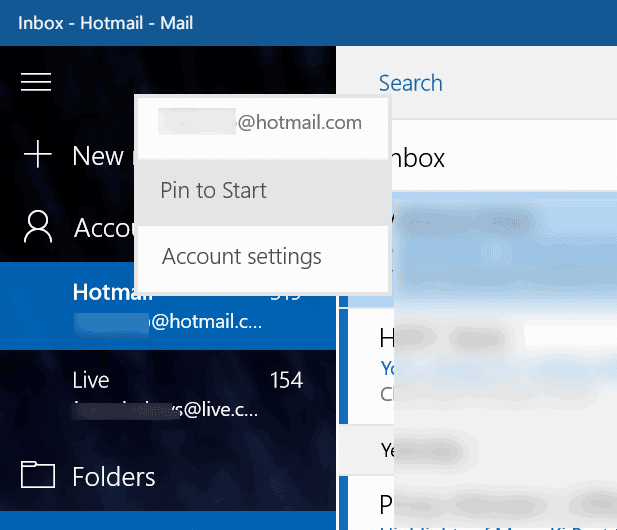 épingler un compte de messagerie individuel pour lancer le menu de Windows 10 pic1