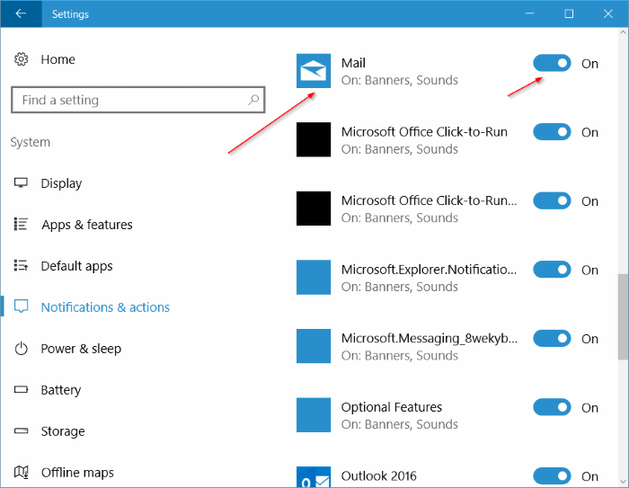 activer la nouvelle bannière de notification par e-mail et le son de Windows 10 mail pic2