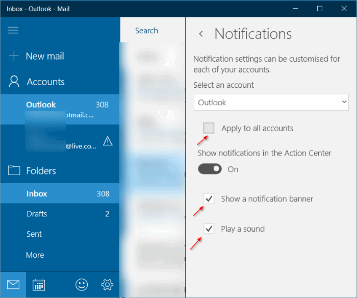 activer la nouvelle bannière de notification par e-mail et le son de Windows 10 mail pic5