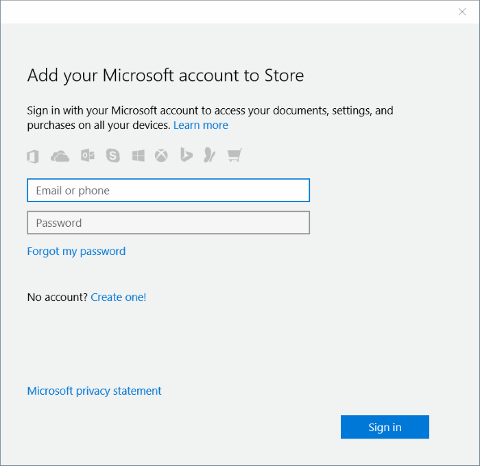 Connectez-vous au Store en utilisant un autre compte de messagerie à l'étape 6 de Windows 10