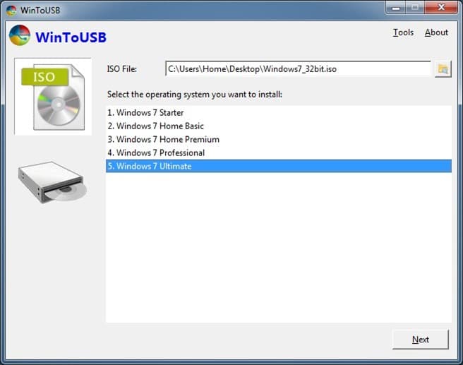 Créer Windows 7 Live USB à l'aide de WinToUSB