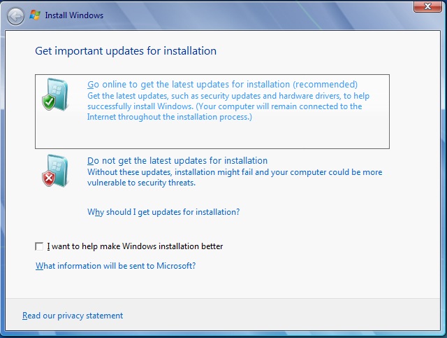installer l'option Windows 7 aller en ligne