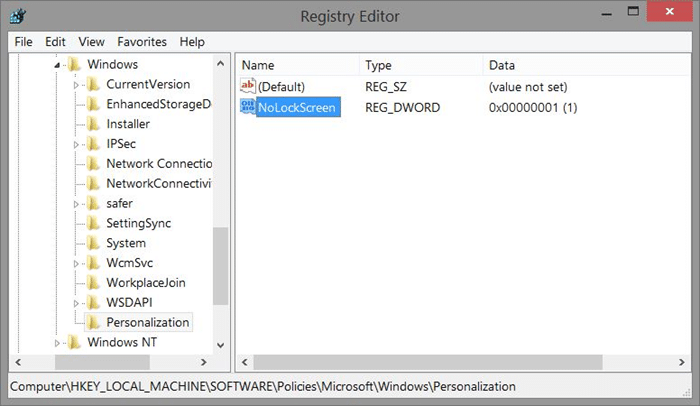Supprimez l'écran de verrouillage de Windows 8.1 à l'aide de l'étape 4 du registre