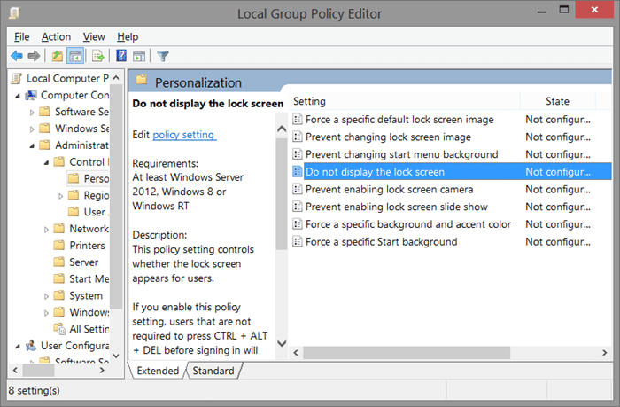 Supprimez l'écran de verrouillage de Windows 8.1 à l'aide du registre Step6