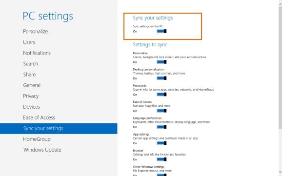Paramètres de synchronisation dans Windows 8
