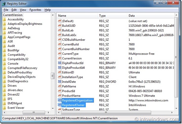 Modifier le nom du propriétaire enregistré et de l'organisation dans Windows 7