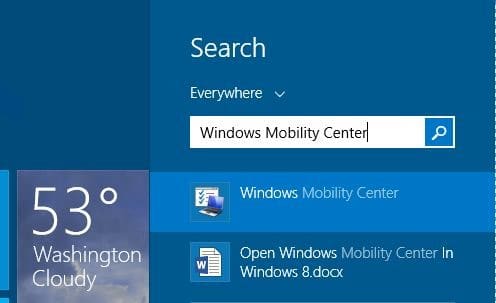 Ouvrez le Centre de mobilité Windows dans Windows 8.1