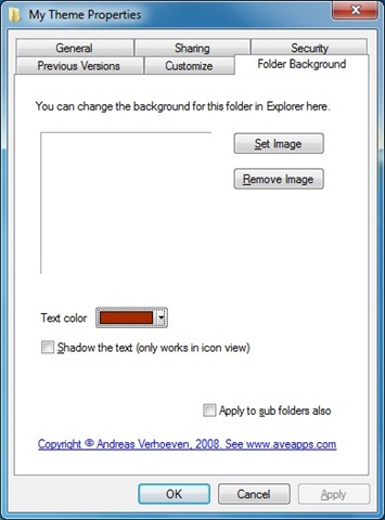 AveFolderBG ajoute l'option Modifier l'arrière-plan du dossier aux propriétés du dossier dans Windows 7 (doit avoir l'extension pour Windows 7)