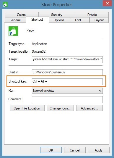 Raccourci clavier pour ouvrir le Windows Store