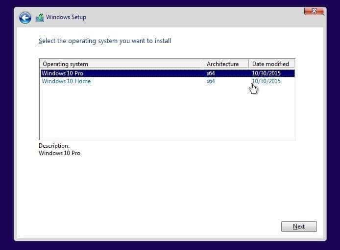 Sélectionnez Windows 10 Pro Edition lors de l'installation de Windows 10 step01