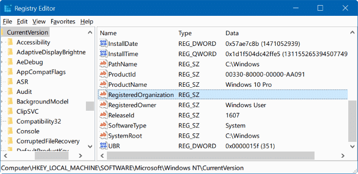 changer le nom du propriétaire enregistré et de l'organisation Windows 10 pic2