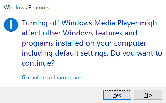 Activer ou désactiver les fonctionnalités dans Windows 10 étape 5