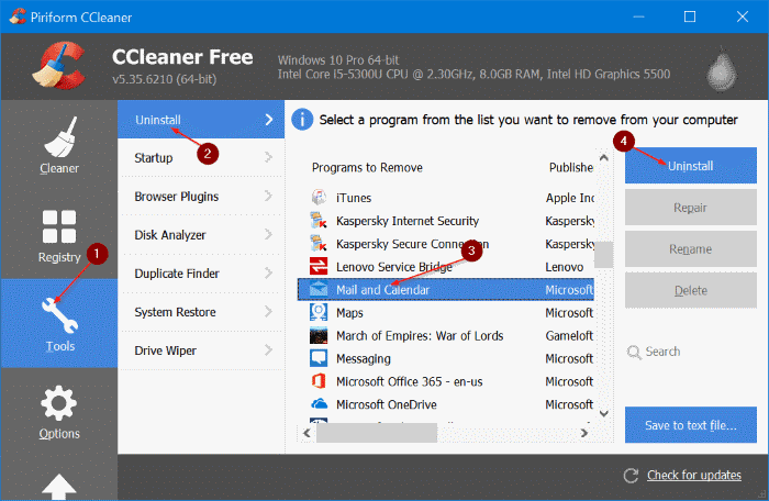 réinstaller l'application de messagerie dans Windows 10