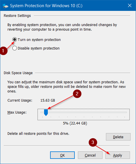 Faire en sorte que la restauration du système utilise moins d'espace disque dans Windows 10 Étape 4