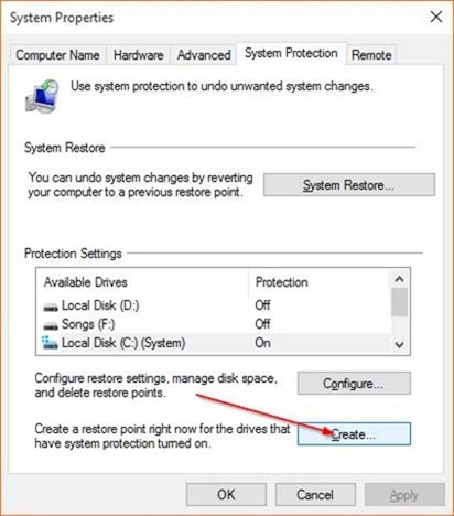 Créer un point de restauration dans Windows 10 étape 5