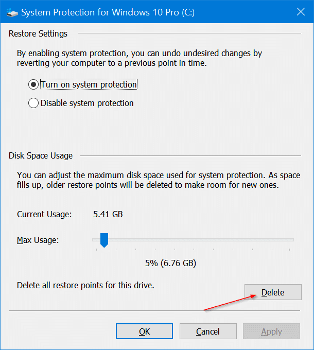 supprimer les points de restauration dans Windows 10 pic3
