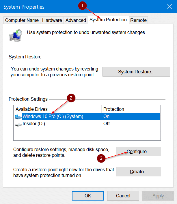 supprimer les points de restauration dans Windows 10 pic2