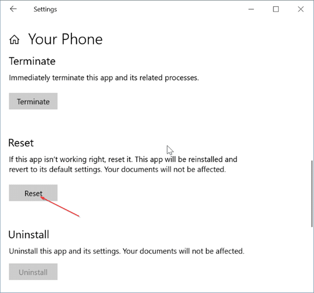 Désinstallez ou réinstallez l'application Votre téléphone dans Windows 10 pic6