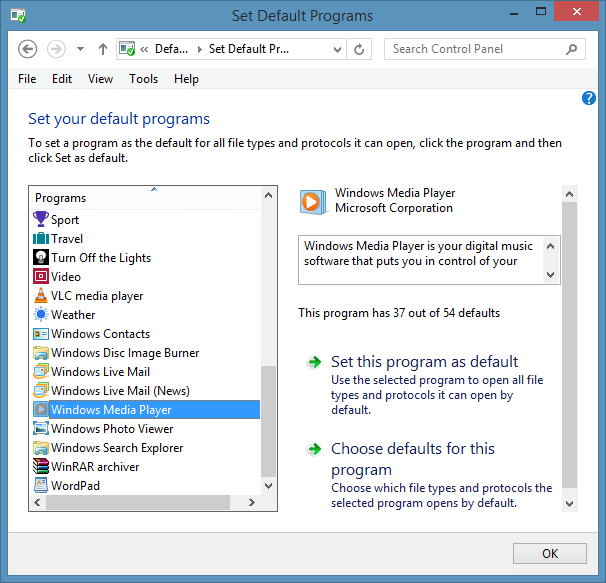Définissez Windows Media Player comme lecteur audio par défaut dans Windows 8.1 Étape 4