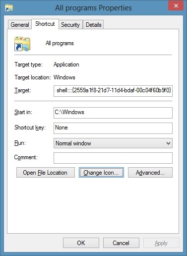 Créer un raccourci vers tous les programmes sur le bureau Windows 8 Étape 4