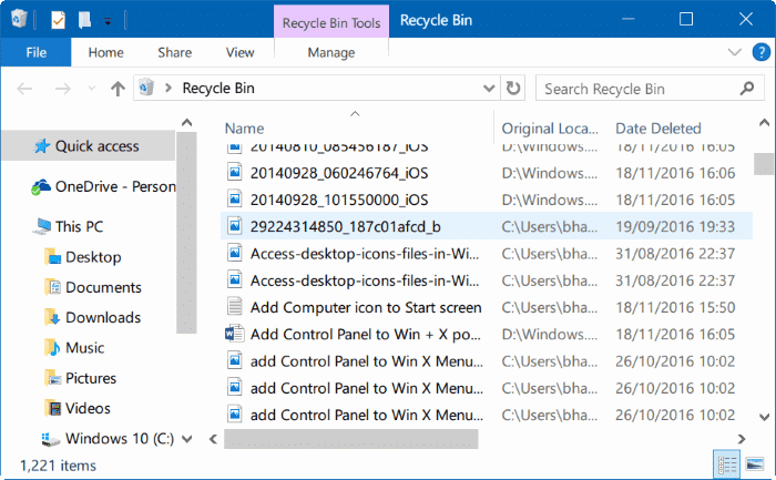 afficher les fichiers récemment supprimés dans Windows 10 étape 1
