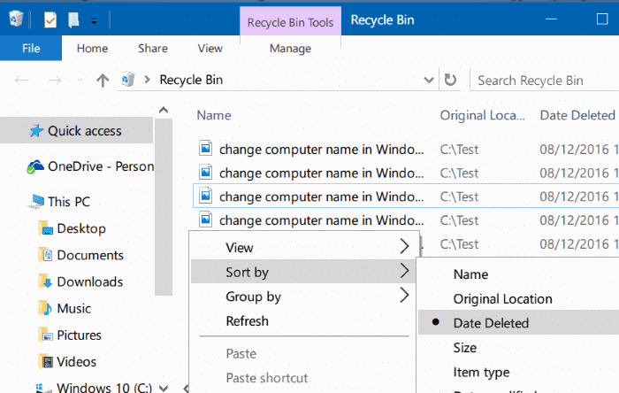 afficher les fichiers récemment supprimés dans Windows 10 étape 2