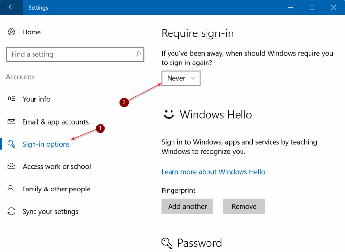 empêcher Windows 10 de demander un mot de passe après la mise en veille step2