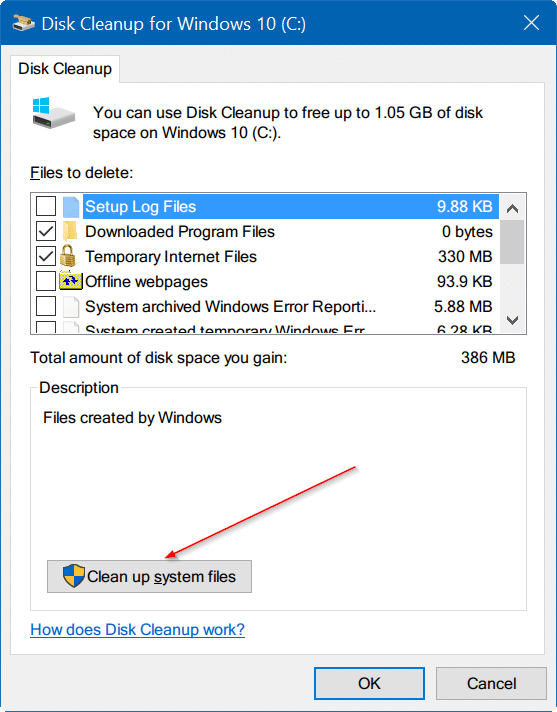 supprimer les fichiers d'installation Windows temporaires dans Windows 10 étape 3